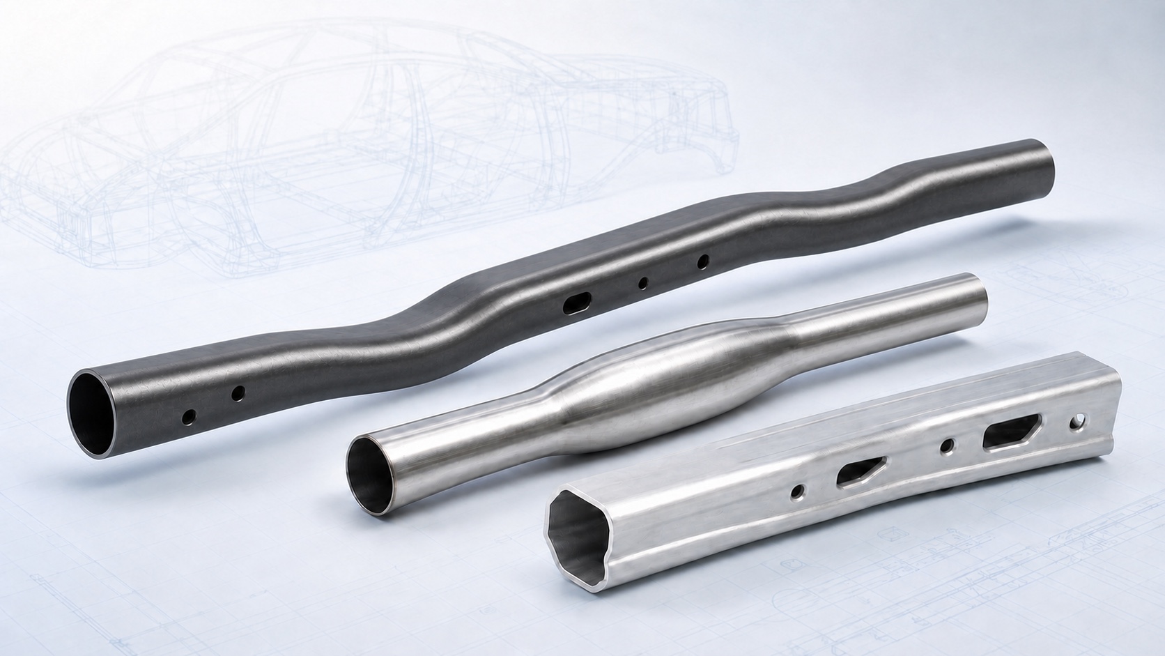 Engineering visualization of two formed round tubes and one non-round hollow metal section