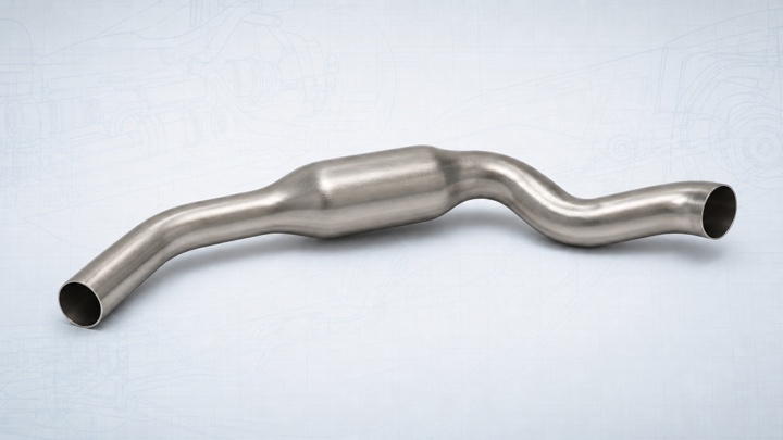 Engineering illustration of a hydroformed exhaust tube with thin-wall round openings and a smooth local expansion