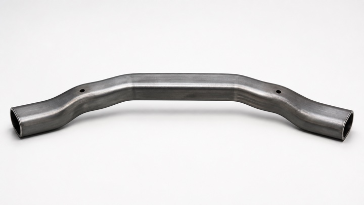 Engineering illustration of a tube-hydroformed front-subframe reinforcement crossmember with open ends, a flattened variable section, and two secondary holes