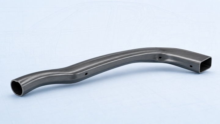 Engineering illustration of a tube-hydroformed body longitudinal reinforcement with a continuous round-to-closed-nonround transition and secondary holes