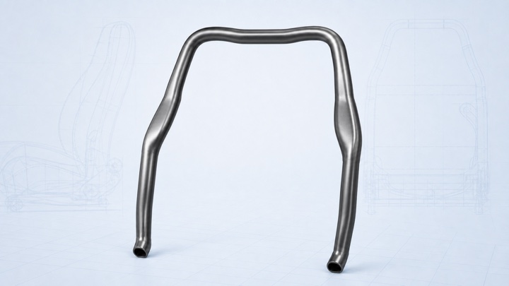 Engineering concept illustration of a one-piece variable-section tube-hydroformed inverted-U seat-back main frame with open ends