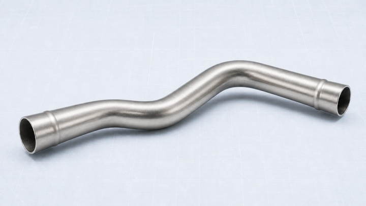 Engineering illustration of a stainless steel press-fit pipe component with one formed bead near each open circular end