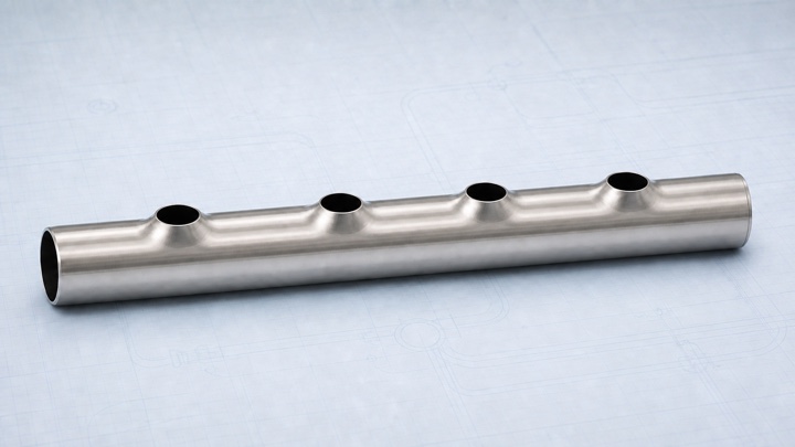 Engineering illustration of a stainless steel manifold header core with four shallow formed interface seats and openings