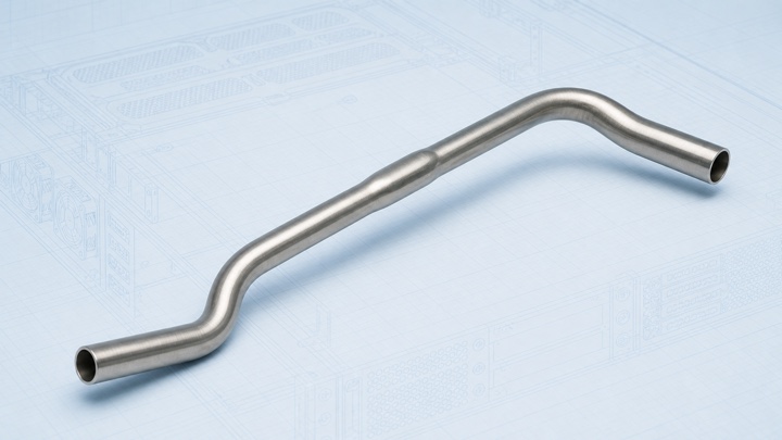 Engineering illustration of stainless steel server coolant tubing with a three-dimensional route and a controlled local section transition
