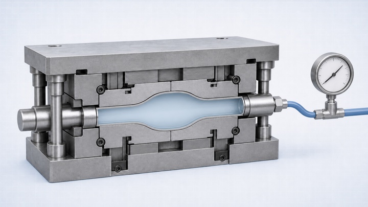 Engineering cutaway illustration of a fluid-filled tube blank expanding inside a closed hydroforming die