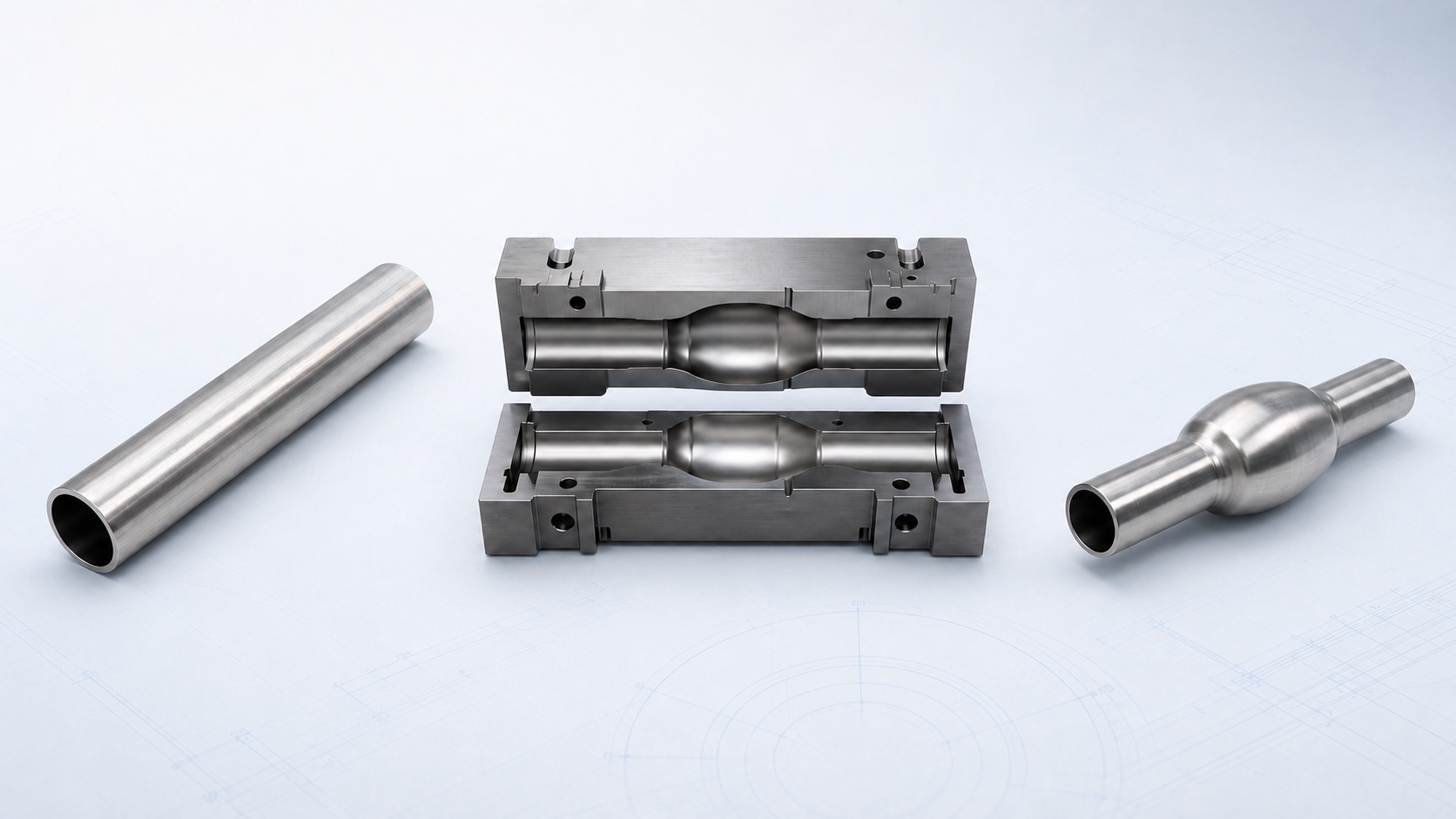 Tube blank, open hydroforming die, and one-piece formed hollow tube on a clean pale engineering background